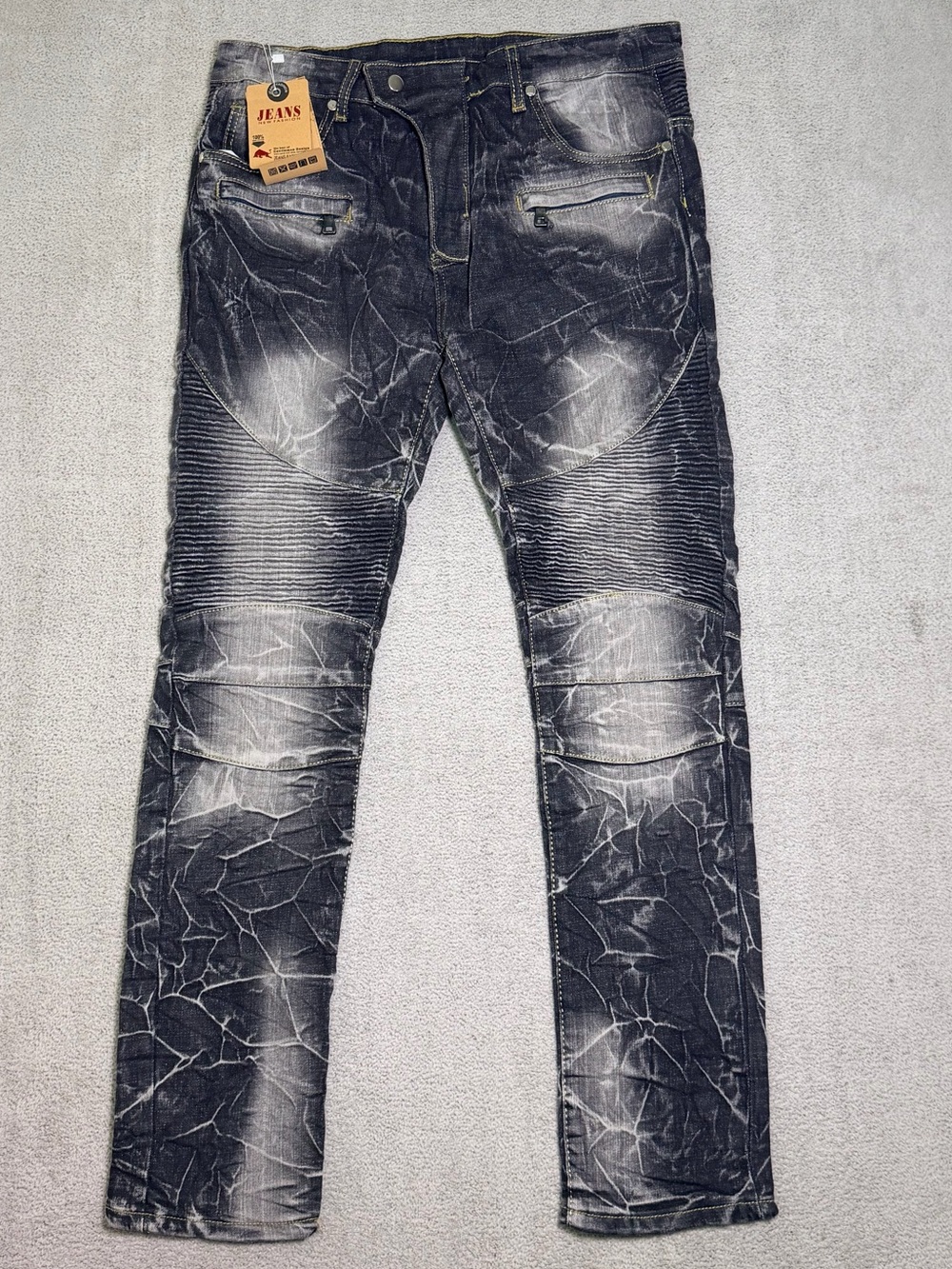 Moto Biker Jeans Fits 34x30 Tag 36 Black Marble Acid Wash Ribbed Knee Streetwear